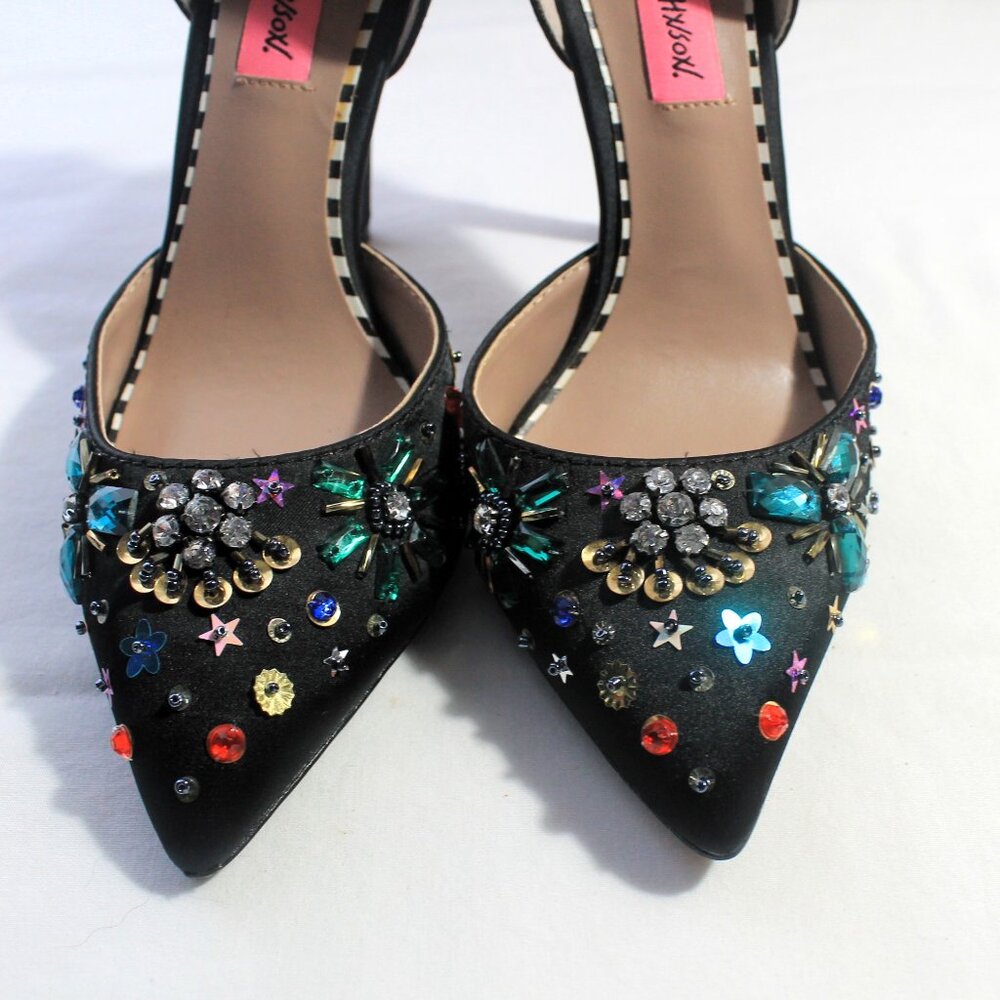 Betsey Johnson Mayson Bejeweled Black Satin Stiletto Heels, 6M, EUC - Picture 5 of 10